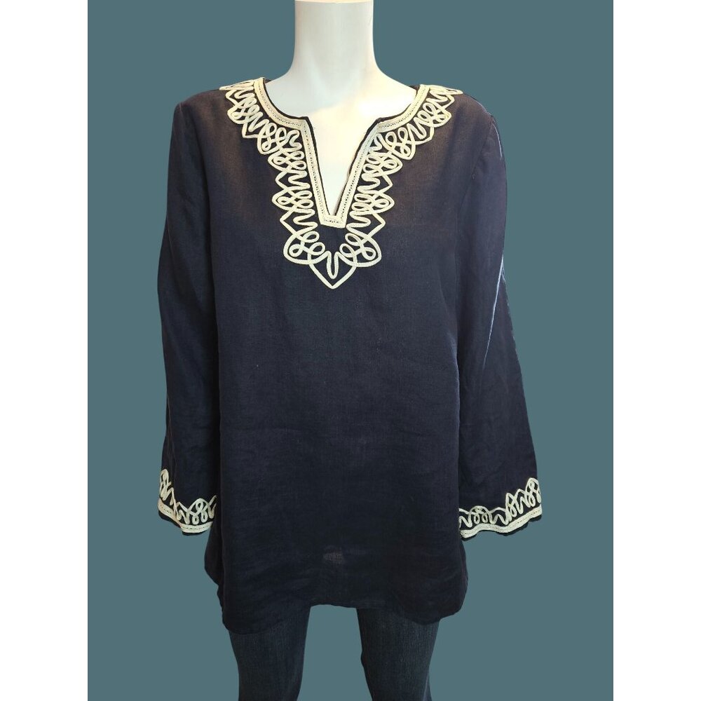 Talbots 100% Linen V Neck Embroidered Trim Navy Blue Tunic Women L Boho - Picture 3 of 8